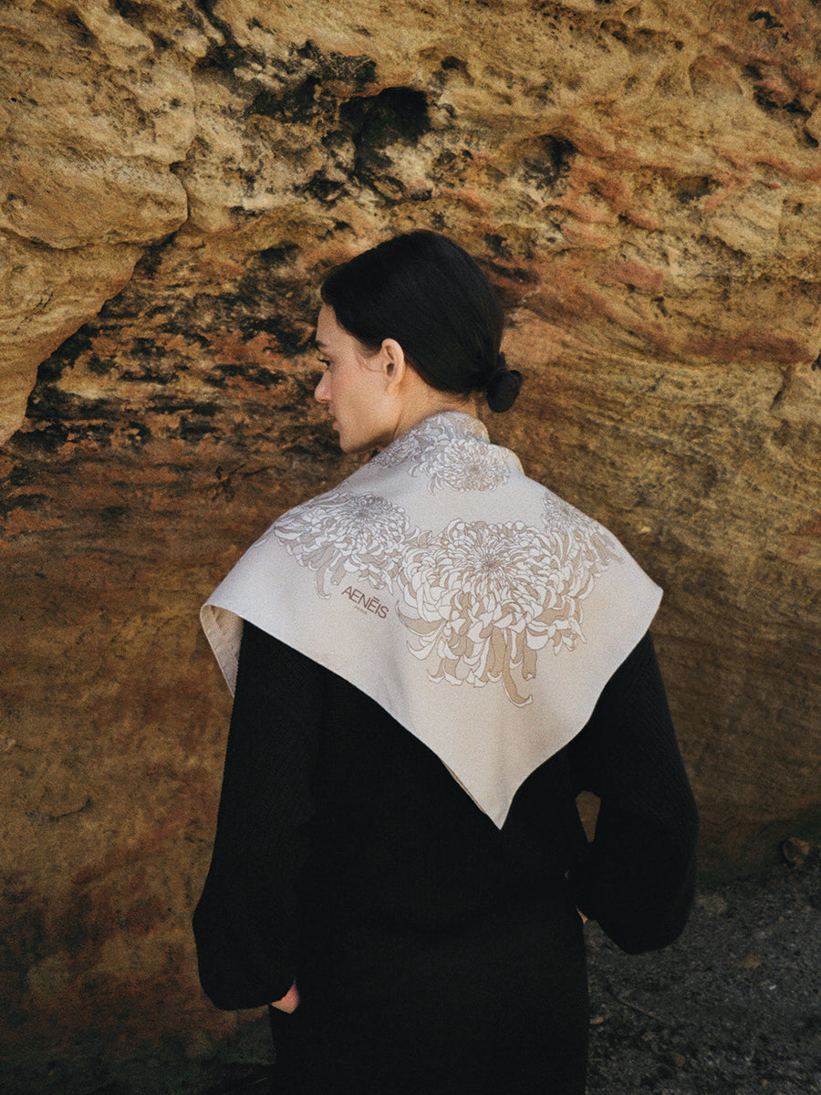 Chrysanthemum Silk scarf - Oat 68cm