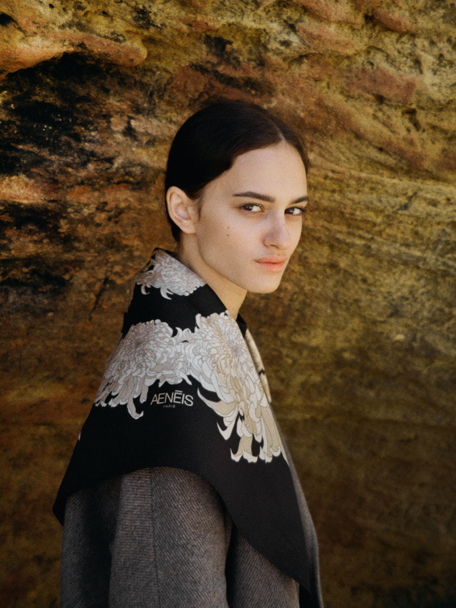 Chrysanthemum Silk Scarf - Black 68cm