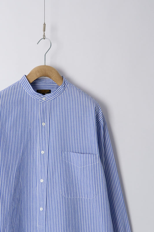 Banded Collar Shirt - Blue Stripe