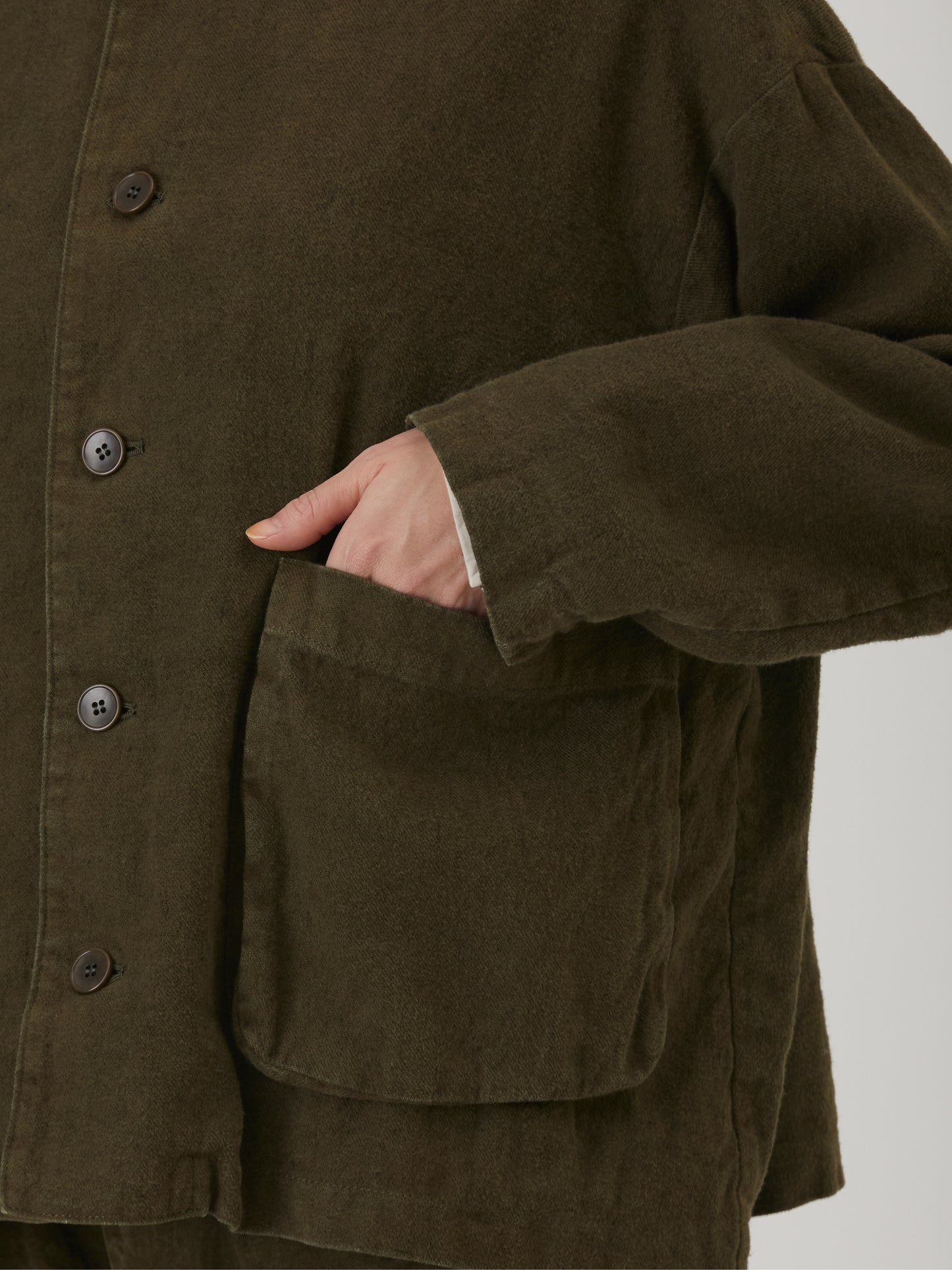 Natural Brushed Linen Cotton Twill Relaxed Coverall Jacket - Khaki