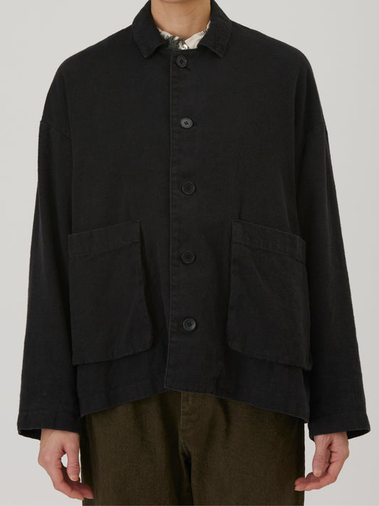 Natural Brushed Linen Cotton Twill Relaxed Coverall Jacket - Black