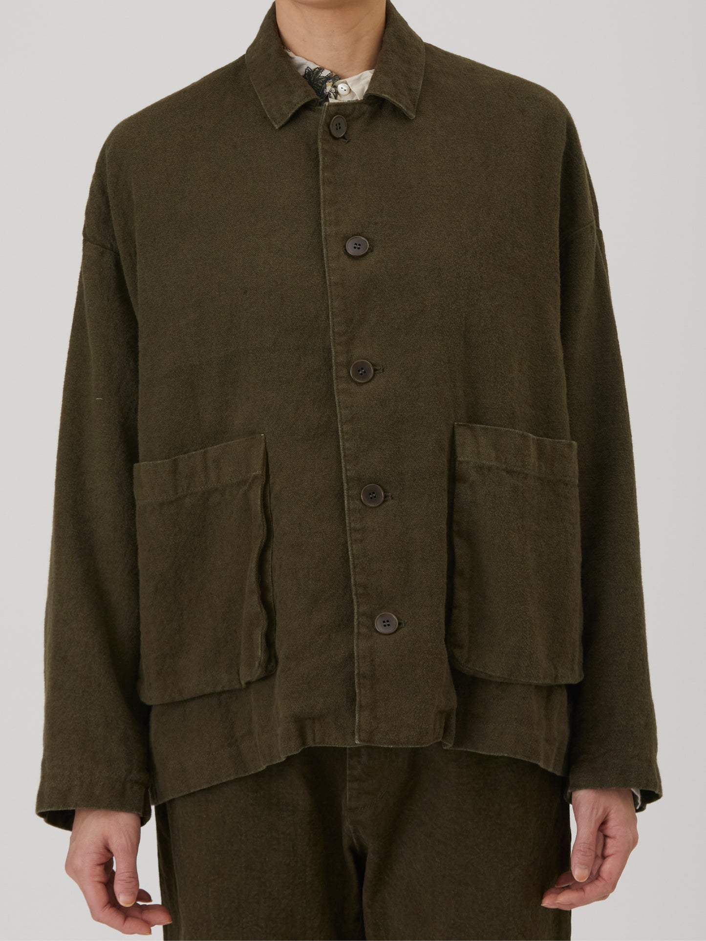 Natural Brushed Linen Cotton Twill Relaxed Coverall Jacket - Khaki
