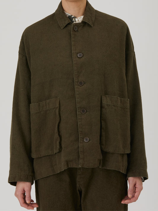 Natural Brushed Linen Cotton Twill Relaxed Coverall Jacket - Khaki