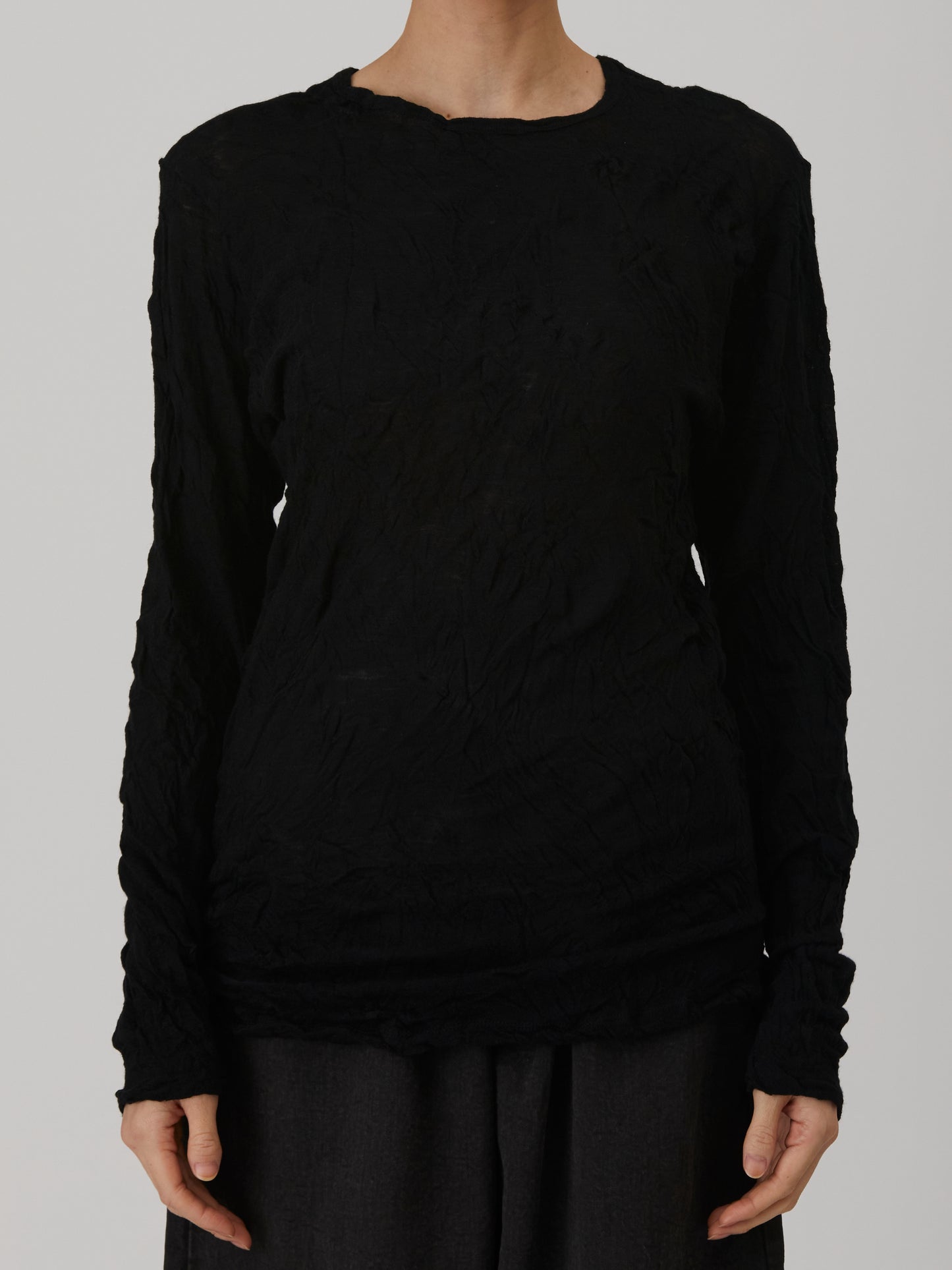 Crinkle-Finish Wool Gauze Jersey Crewneck Pullover - Black