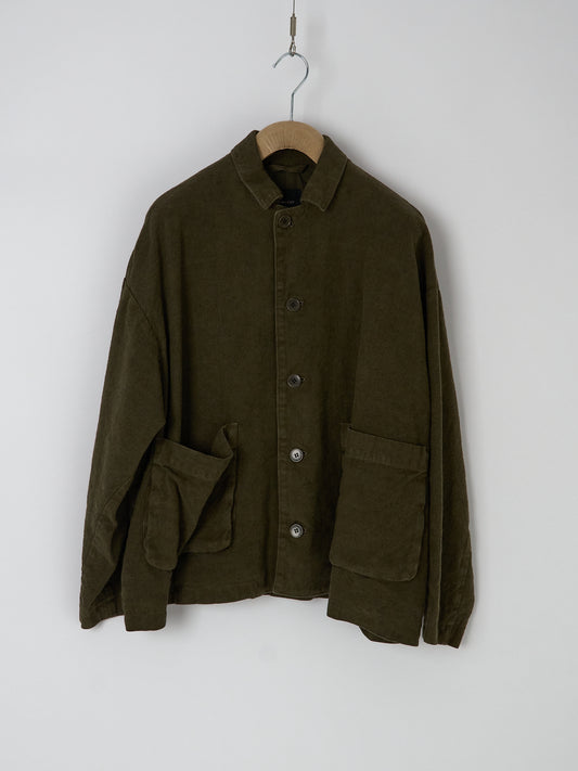 Natural Brushed Linen Cotton Twill Relaxed Coverall Jacket - Khaki
