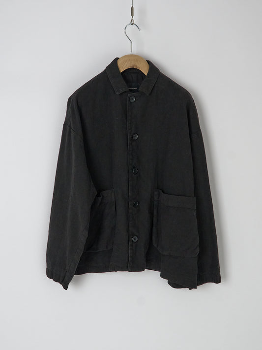 Natural Brushed Linen Cotton Twill Relaxed Coverall Jacket - Black